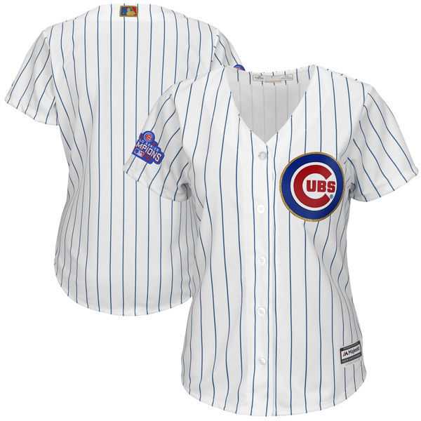 Customized Women Chicago Cubs White Pinstripe World Series Champions Gold Program New Cool Base Stitched Jersey,We sell and wholesale Customized Women Chicago Cubs White Pinstripe World Series Champions Gold Program New Cool Base Stitched Jersey on line form chian!
